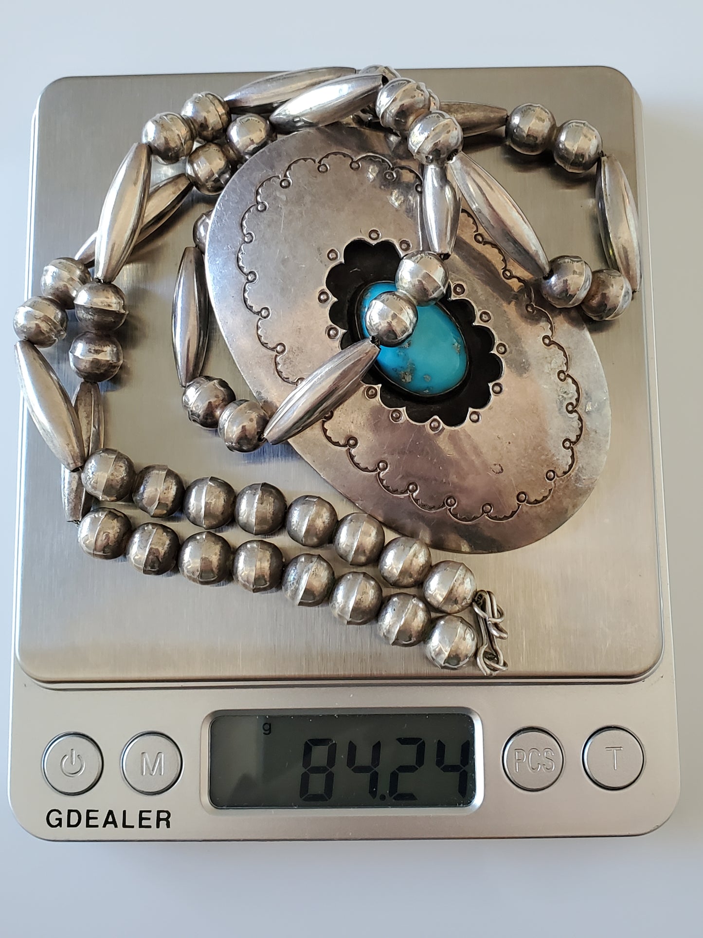 Vintage Mid-Century Navajo Sterling Shadowbox Turquoise Bead Necklace