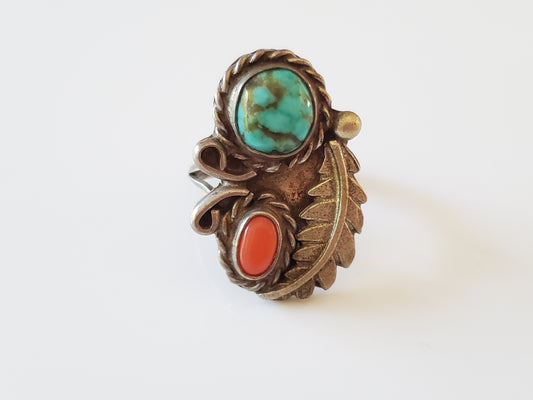 Vintage 1980s Turquoise and Coral Navajo Sterling Silver Ring