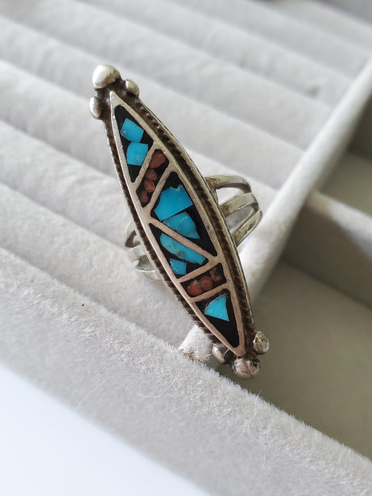 Vintage Navajo Sterling Silver Crushed Turquoise and Coral Inlay Elongated Ring