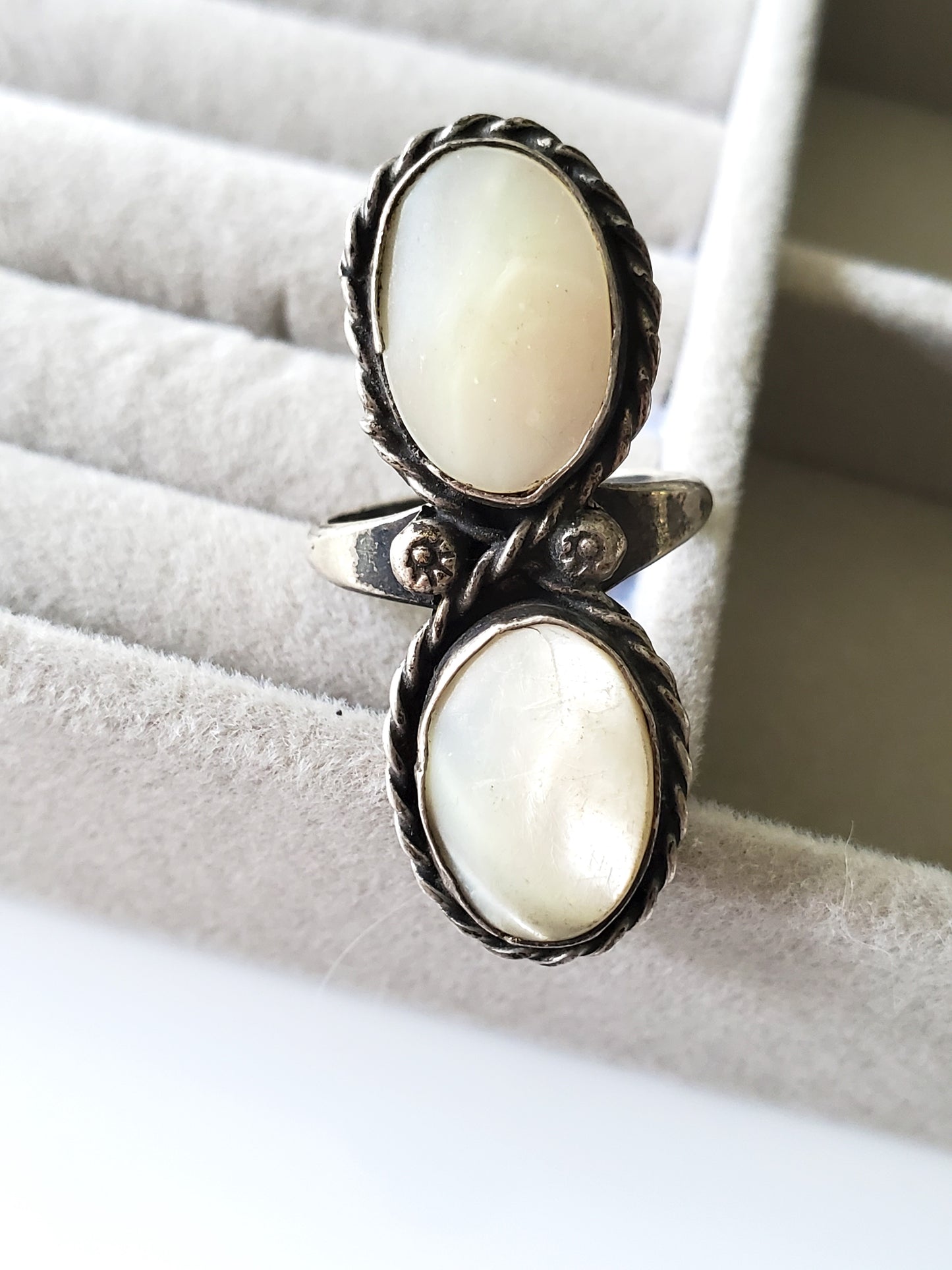 Vintage Sterling Silver Mother of Pearl Two Stone Ring