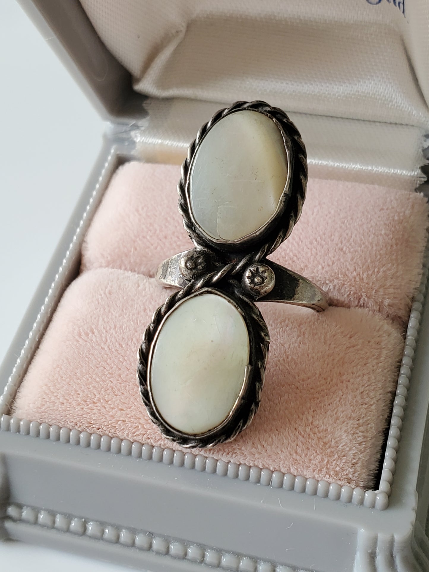 Vintage Sterling Silver Mother of Pearl Two Stone Ring