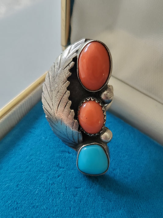 Vintage Elongated Turquoise and Coral Leaf Sterling Silver Ring