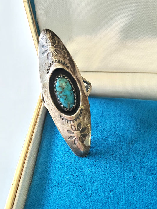 Vintage Turquoise Shadowbox Elongated Sterling Silver Ring