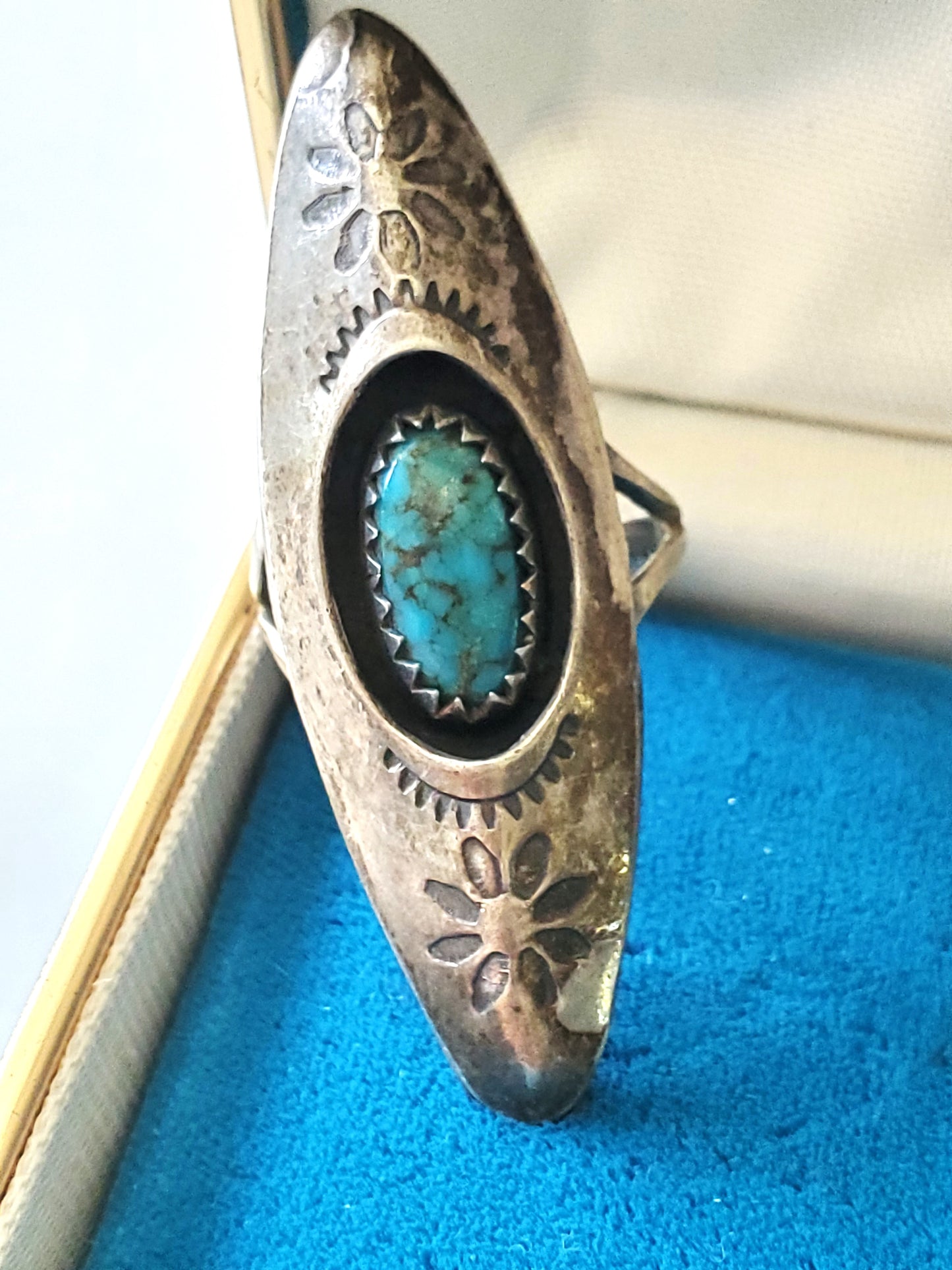 Vintage Turquoise Shadowbox Elongated Sterling Silver Ring