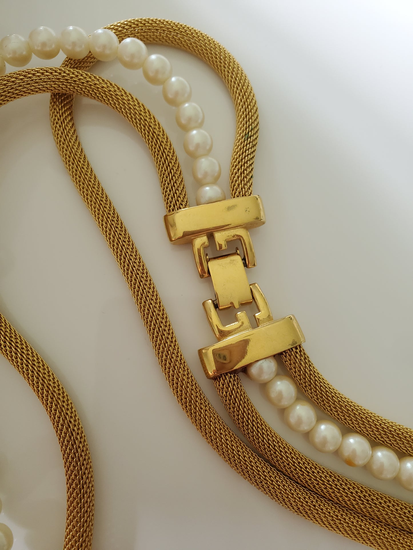 Vintage Givenchy Designer Pearl and Mesh Triple Strand Necklace