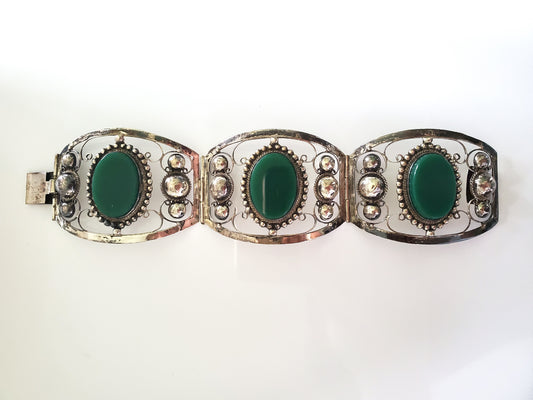 Vintage Three Panel Filigree Green Jade Sterling Silver Bracelet