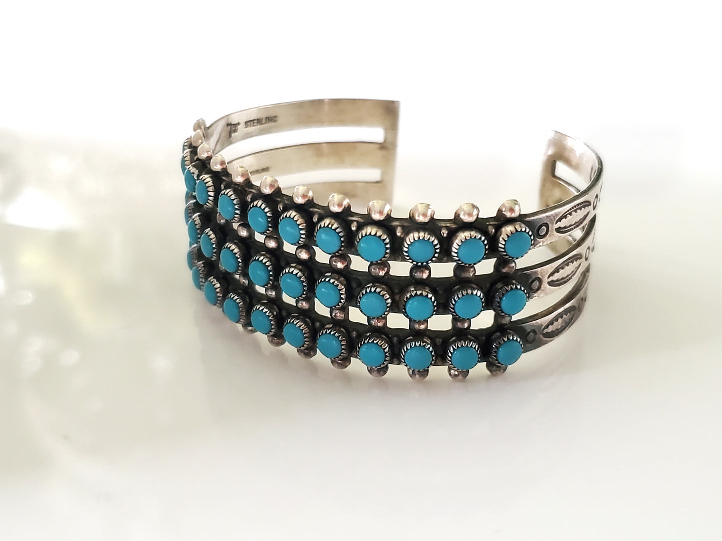 Vintage 1960s Bell Trading Post Old Pawn Turquoise 3 Row Cuff Bracelet