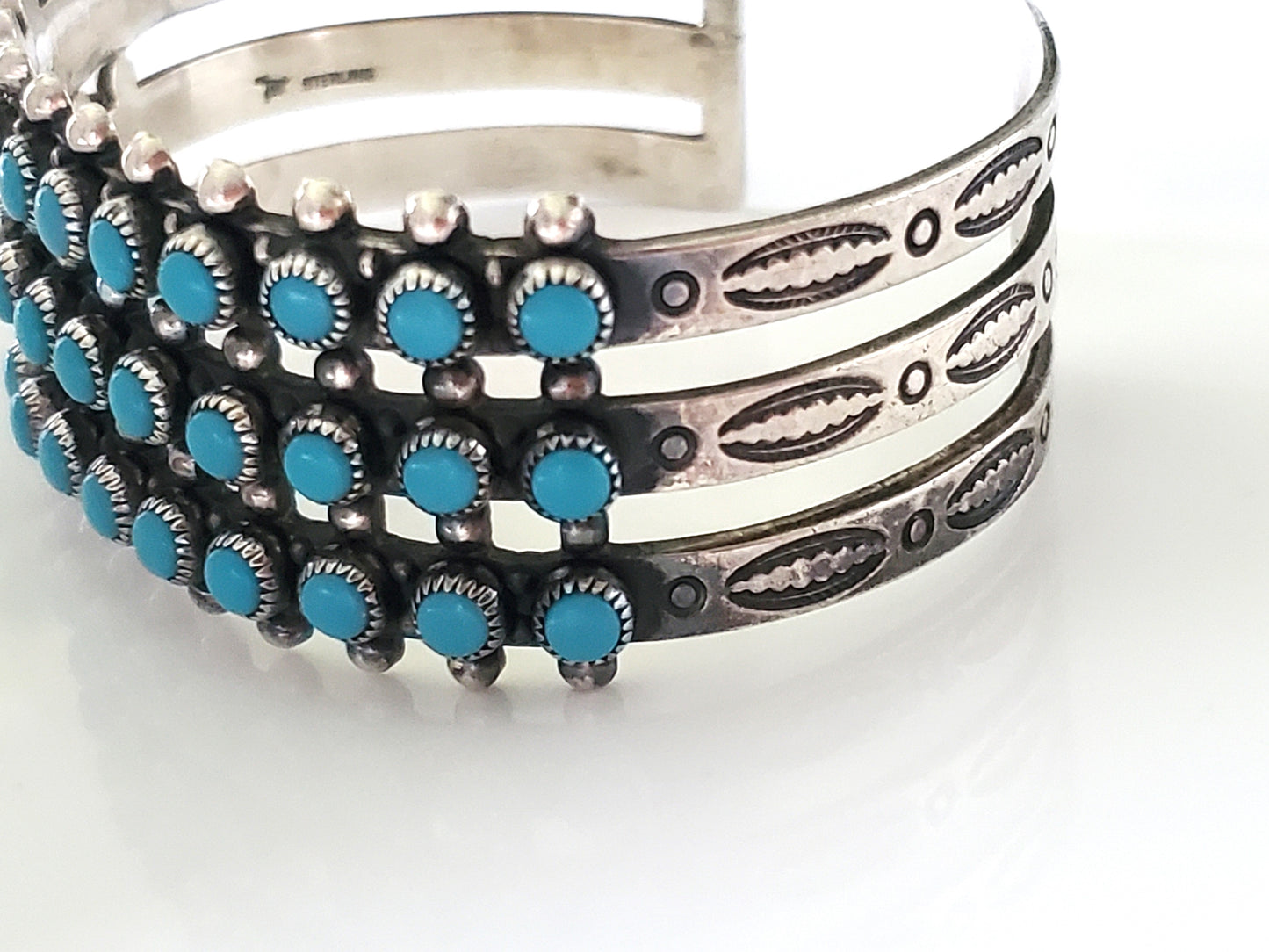 Vintage 1960s Bell Trading Post Old Pawn Turquoise 3 Row Cuff Bracelet