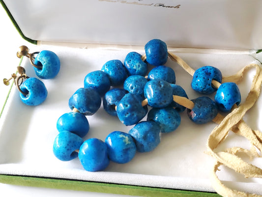 Vintage 1960s Persian Blue Faience Donkey Bead Necklace with matching Screw On Earrings