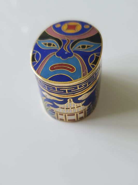 Vintage '80s Chinese Opera Face Mask Cloisonné Enamel Tin Box