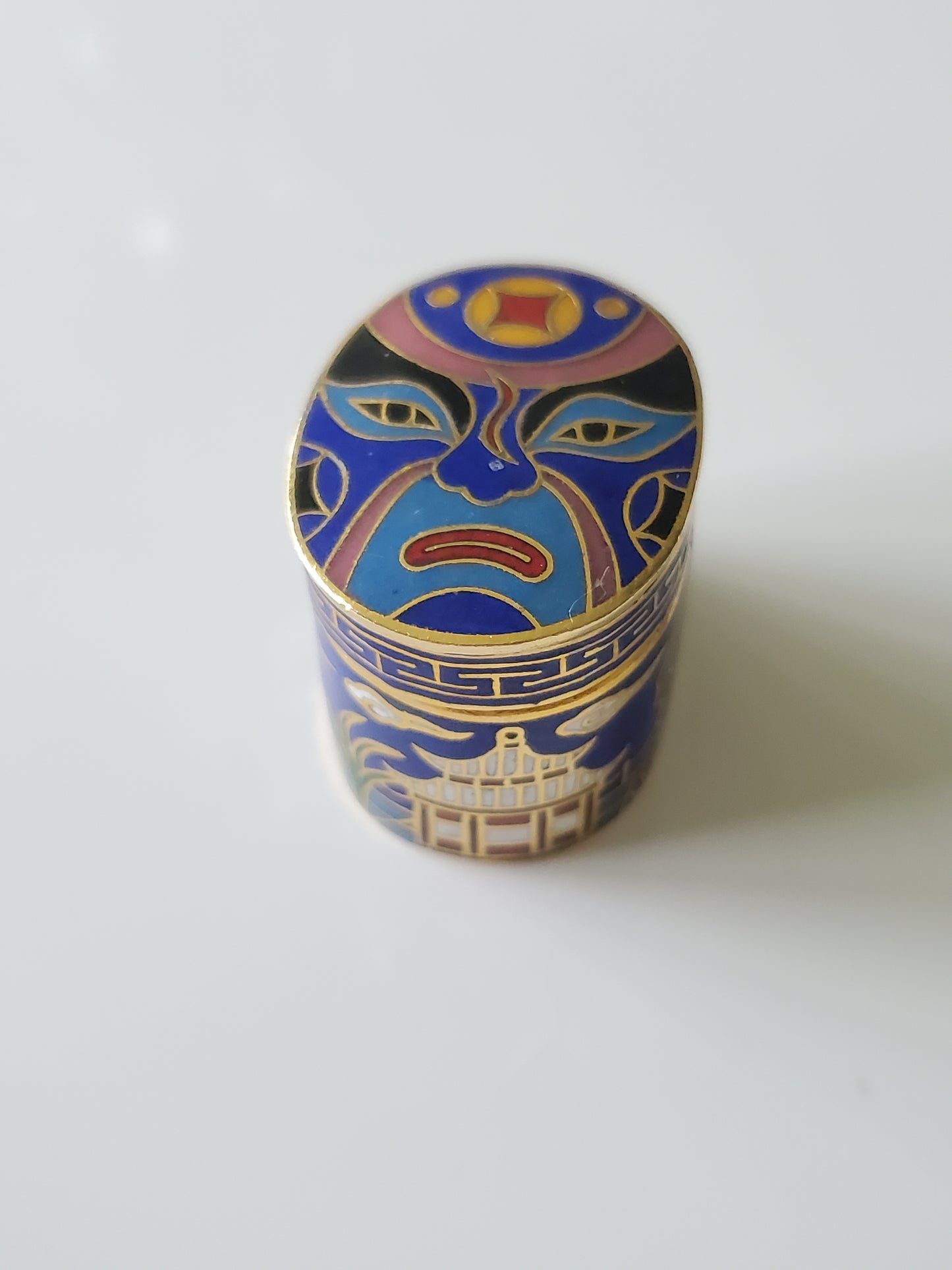 Vintage '80s Chinese Opera Face Mask Cloisonné Enamel Tin Box