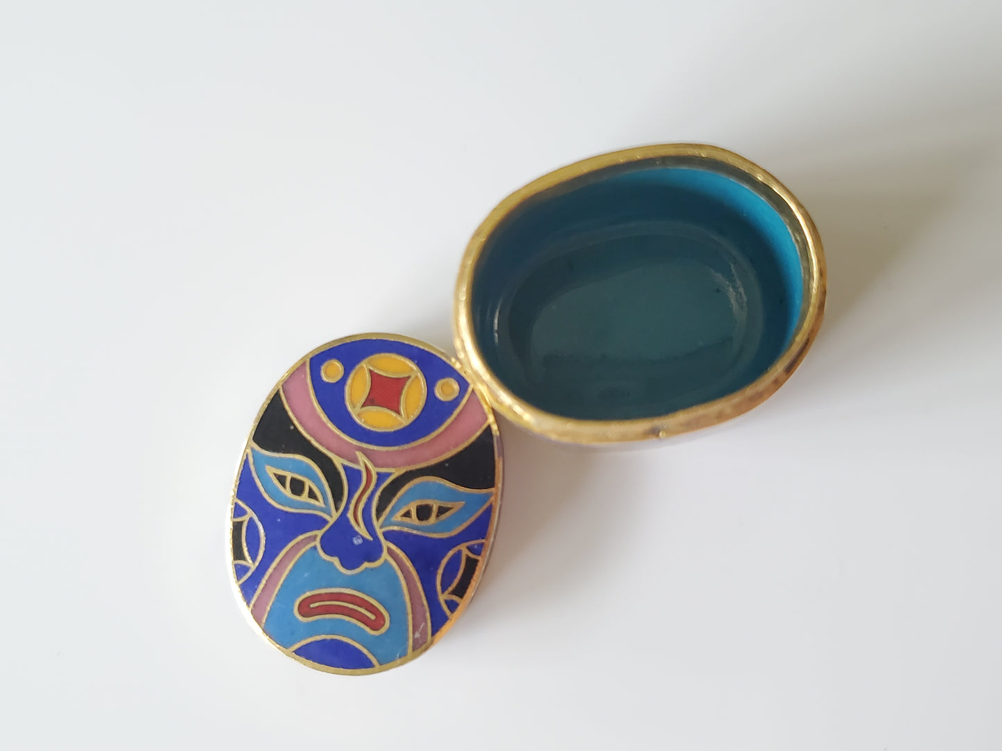 Vintage '80s Chinese Opera Face Mask Cloisonné Enamel Tin Box