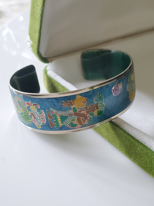 Vintage Enamel Cuff Bracelet with Mayan Aztec Design by Rodriguez Fernandez from 1995