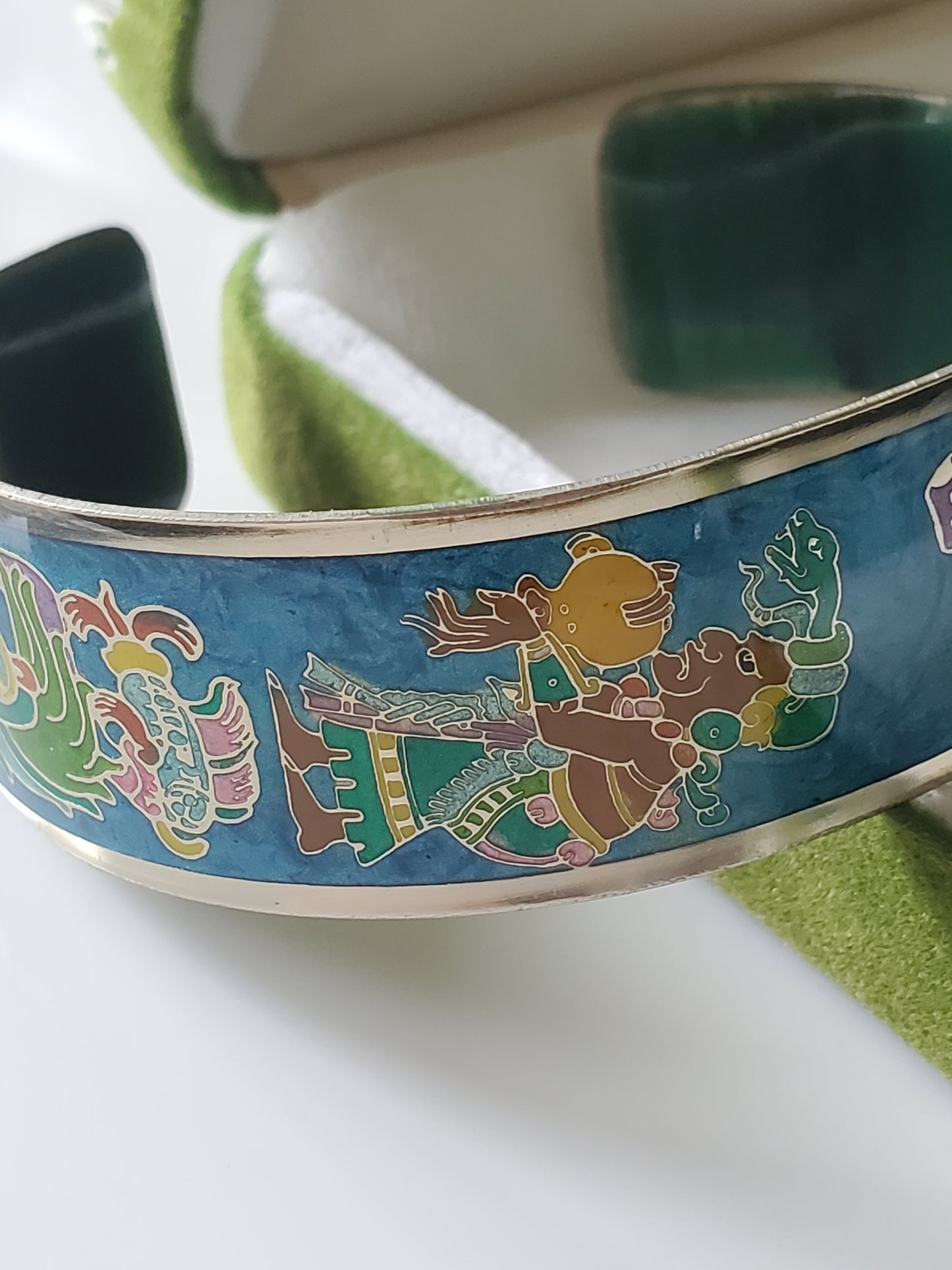 Vintage Enamel Cuff Bracelet with Mayan Aztec Design by Rodriguez Fernandez from 1995