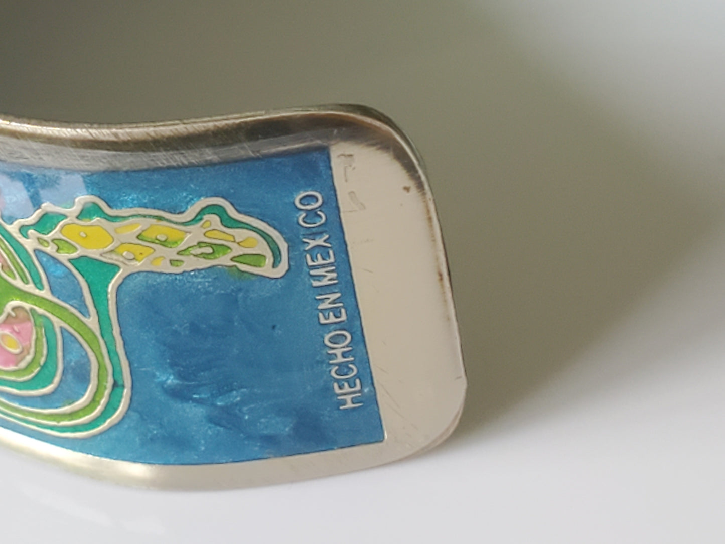 Vintage Enamel Cuff Bracelet with Mayan Aztec Design by Rodriguez Fernandez from 1995