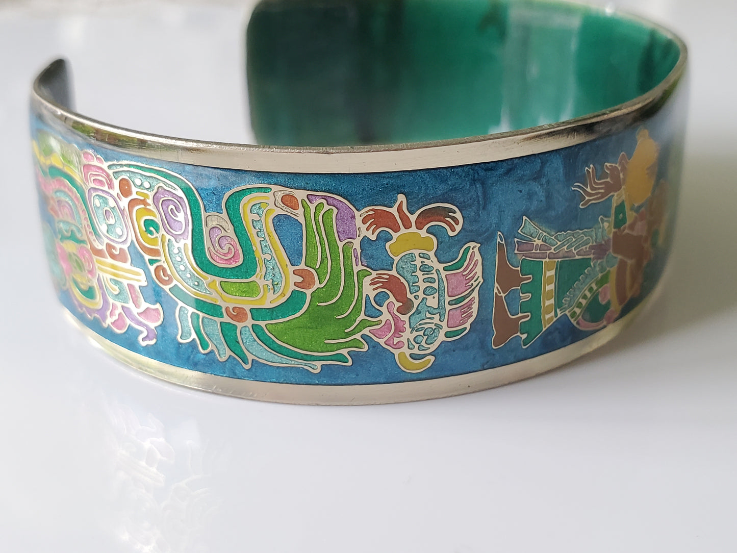 Vintage Enamel Cuff Bracelet with Mayan Aztec Design by Rodriguez Fernandez from 1995