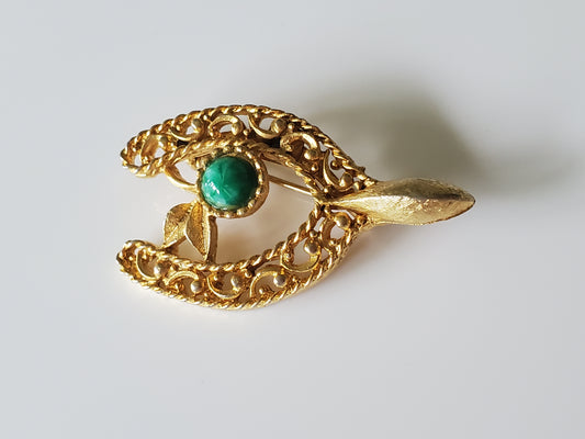 Vintage Green Stone Floral Horseshoe Brooch Pin