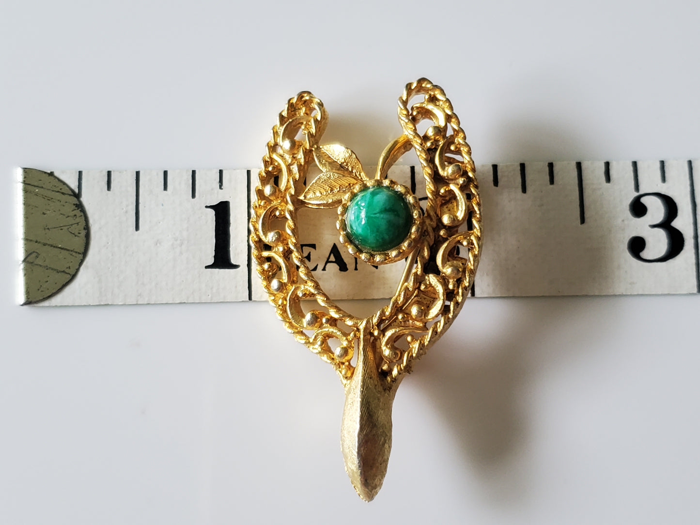 Vintage Green Stone Floral Horseshoe Brooch Pin