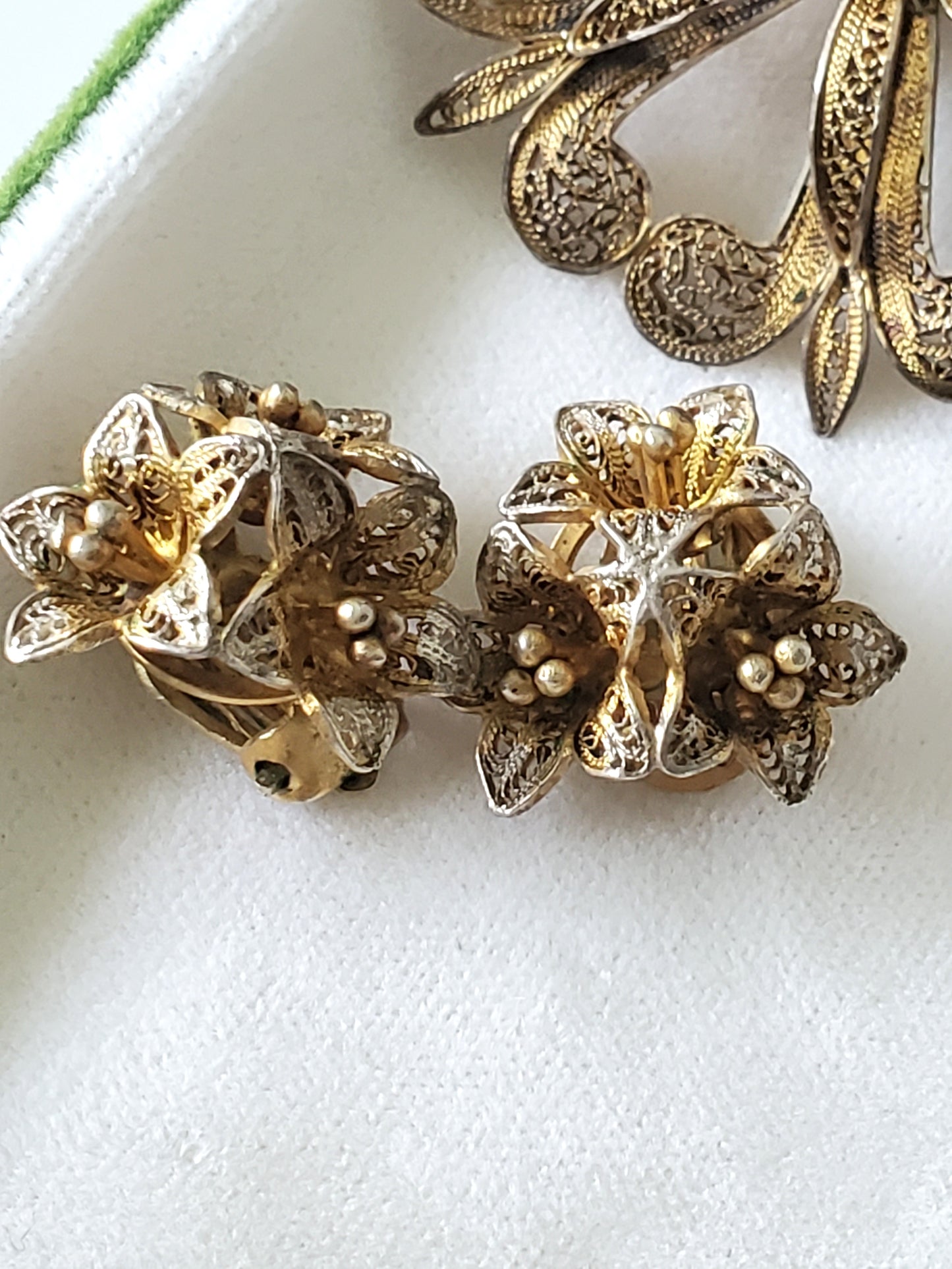 Vintage Filigree Floral Trombone Brooch and Clip-on Earring Set