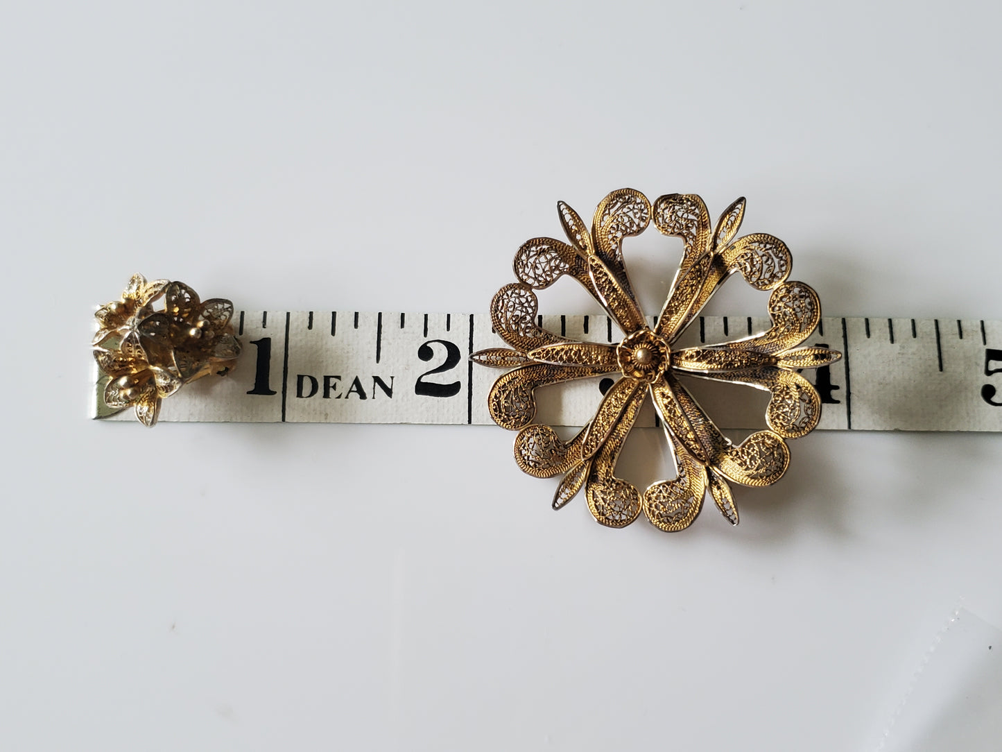 Vintage Filigree Floral Trombone Brooch and Clip-on Earring Set