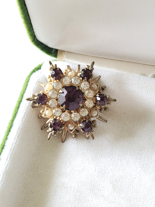 Vintage Purple Rhinestone and Pearl Snowflake Design Brooch