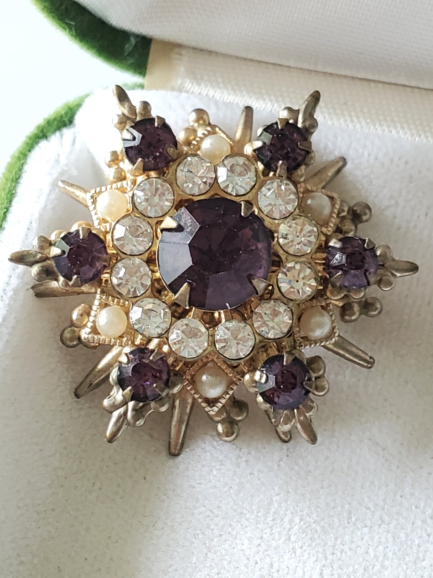 Vintage Purple Rhinestone and Pearl Snowflake Design Brooch