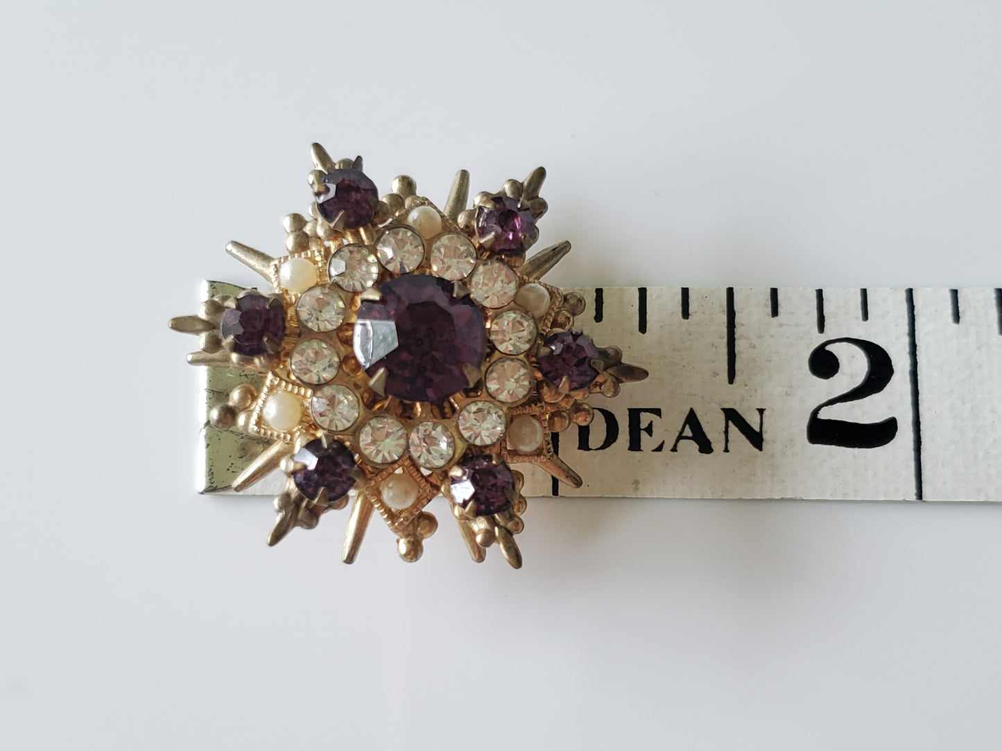 Vintage Purple Rhinestone and Pearl Snowflake Design Brooch