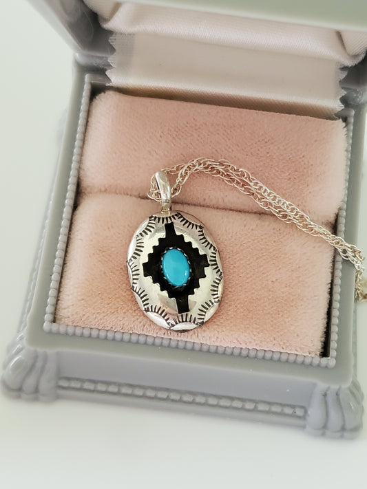 Vintage Navajo 925 Sterling Silver Turquoise Shadow Box Pendant with Necklace