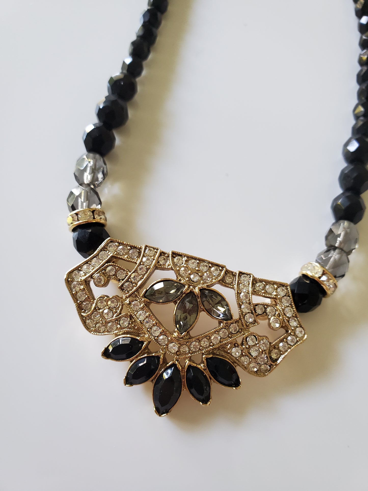 Vintage 1928 Designer Black and Clear Beaded Necklace with Earrings