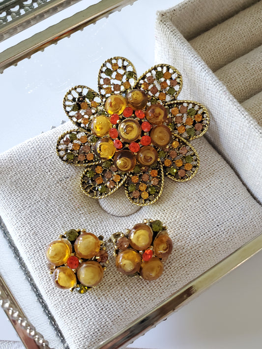 Vintage Mid-Century Orange and Yellow Bead and Filigree Brooch and Earring Set