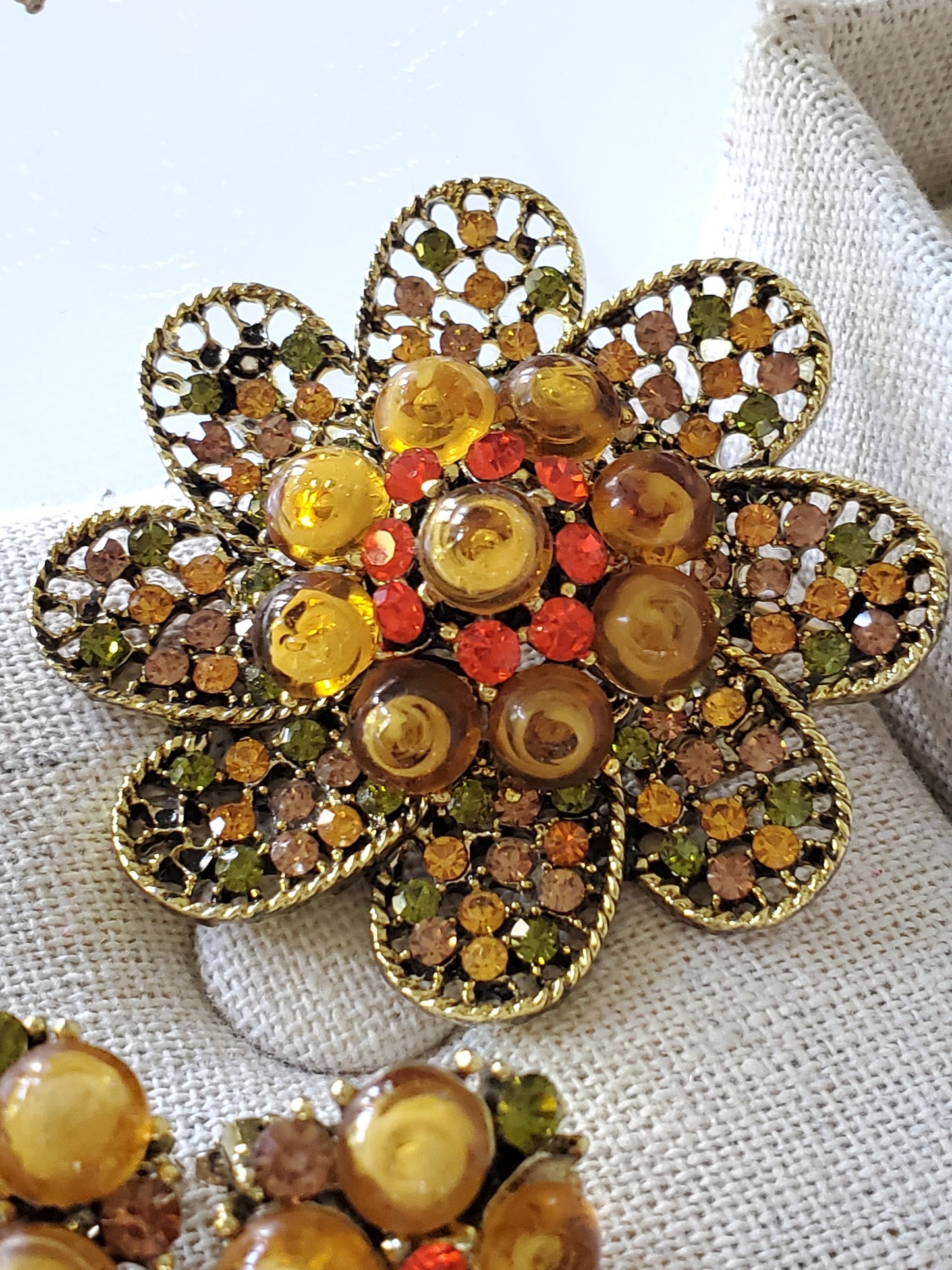 Vintage Mid-Century Orange and Yellow Bead and Filigree Brooch and Earring Set