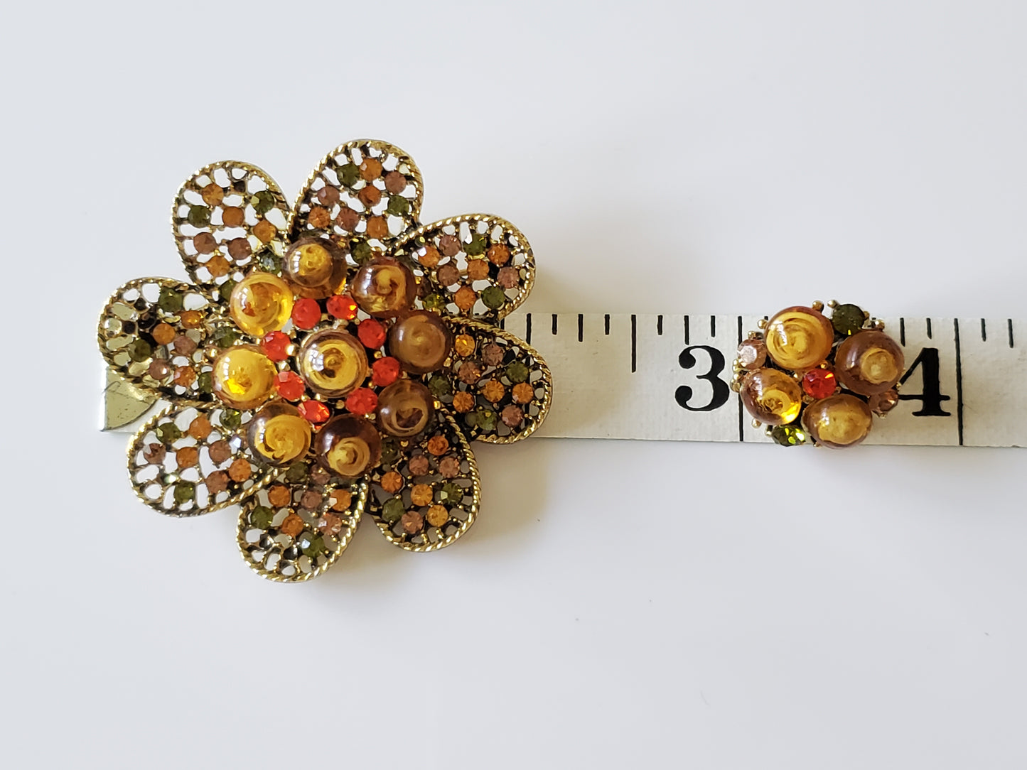 Vintage Mid-Century Orange and Yellow Bead and Filigree Brooch and Earring Set