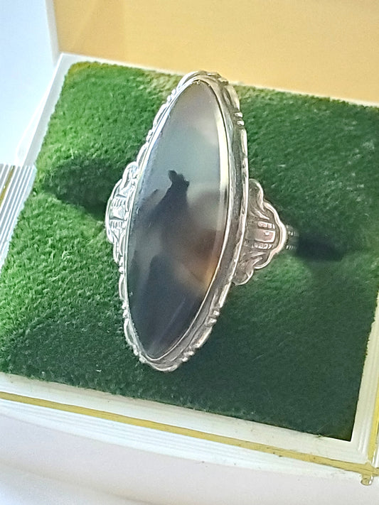 Antique 1920s Art Deco Uncas Designer Montana Agate Sterling Silver Navette Ring