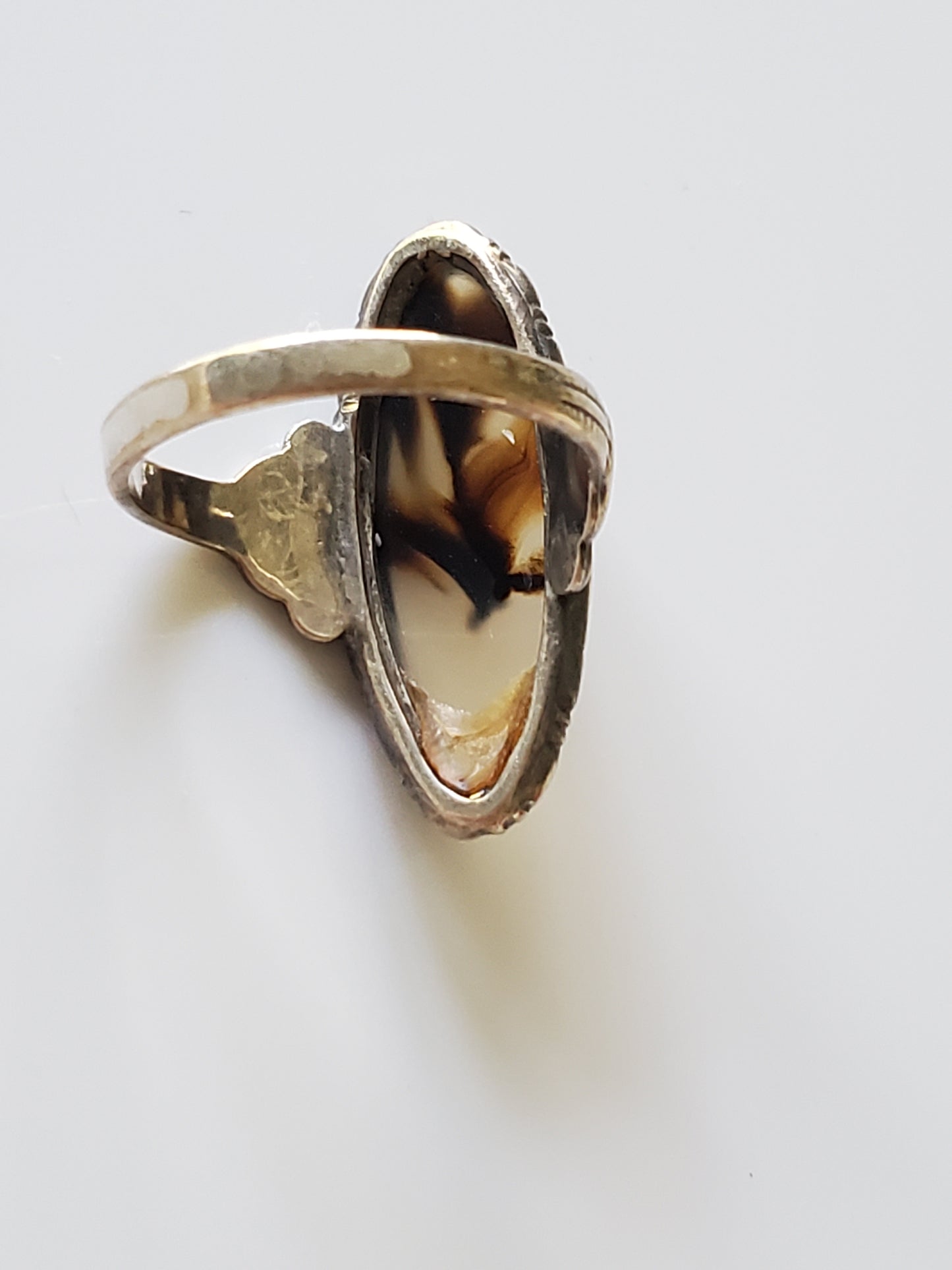 Antique 1920s Art Deco Uncas Designer Montana Agate Sterling Silver Navette Ring