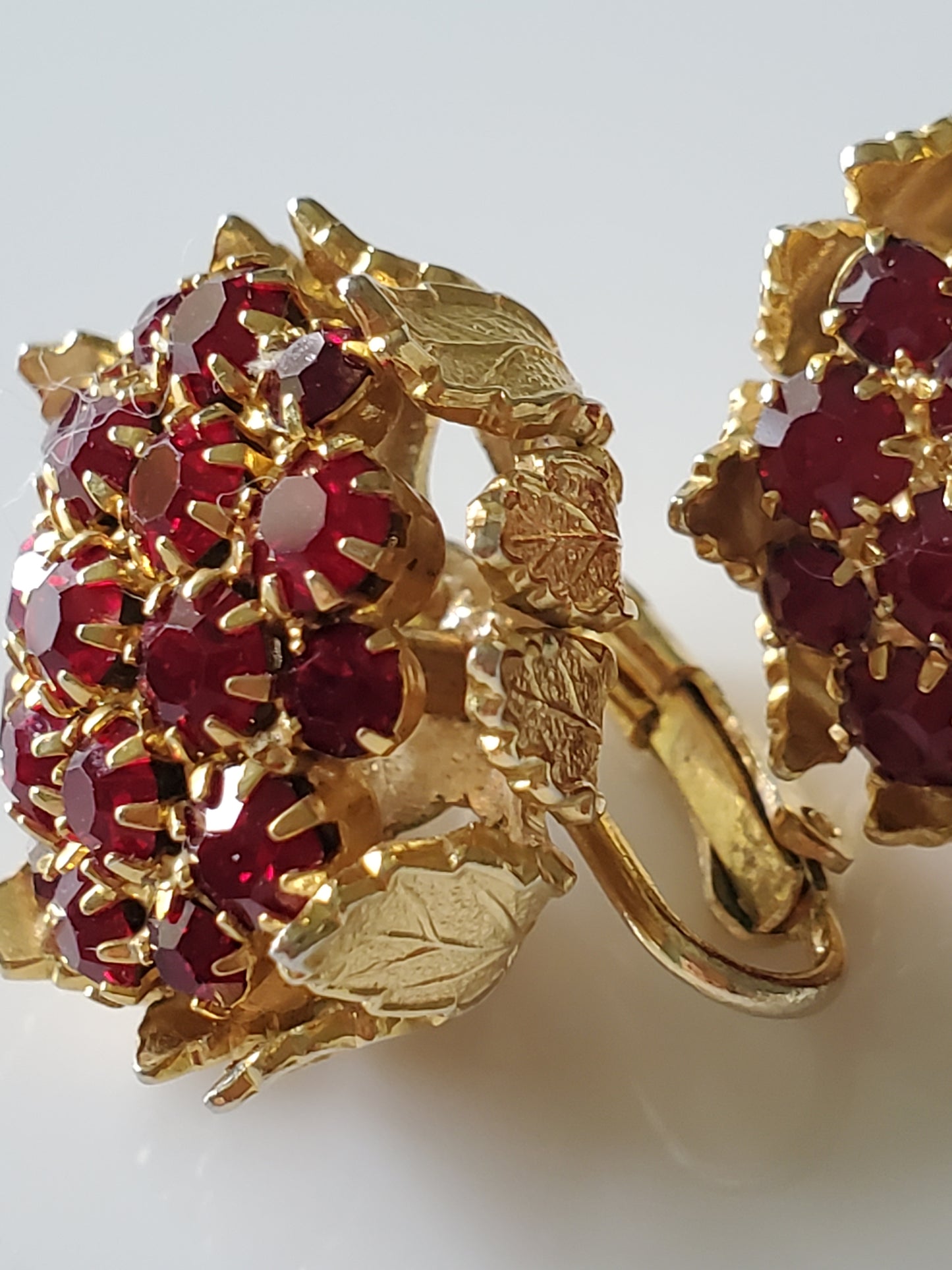 Vintage Red Rhinestone Floral Filigree Clip On Earrings