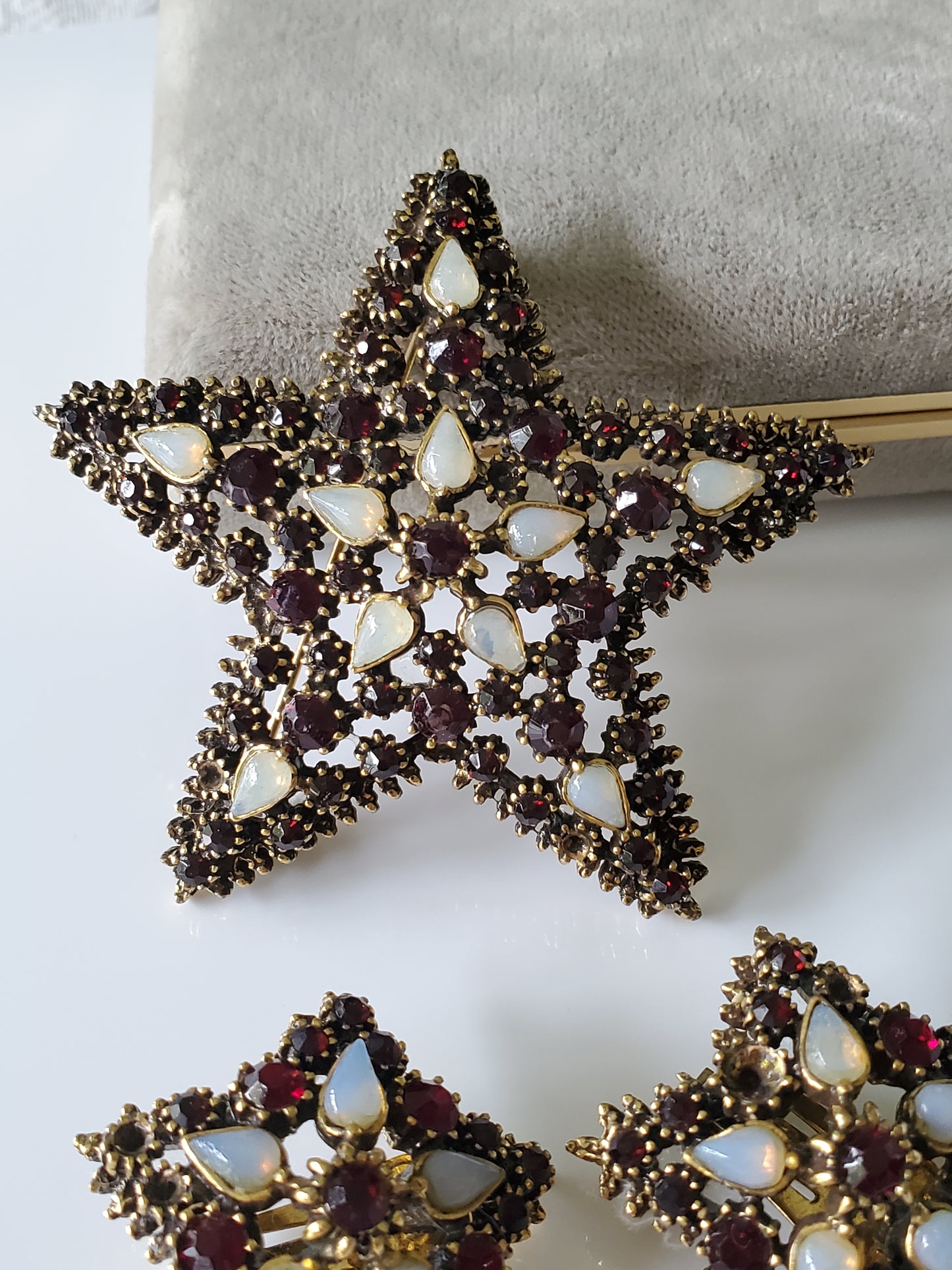 Vintage Large Red Rhinestone and Faux Opal Star Brooch and Earring Set