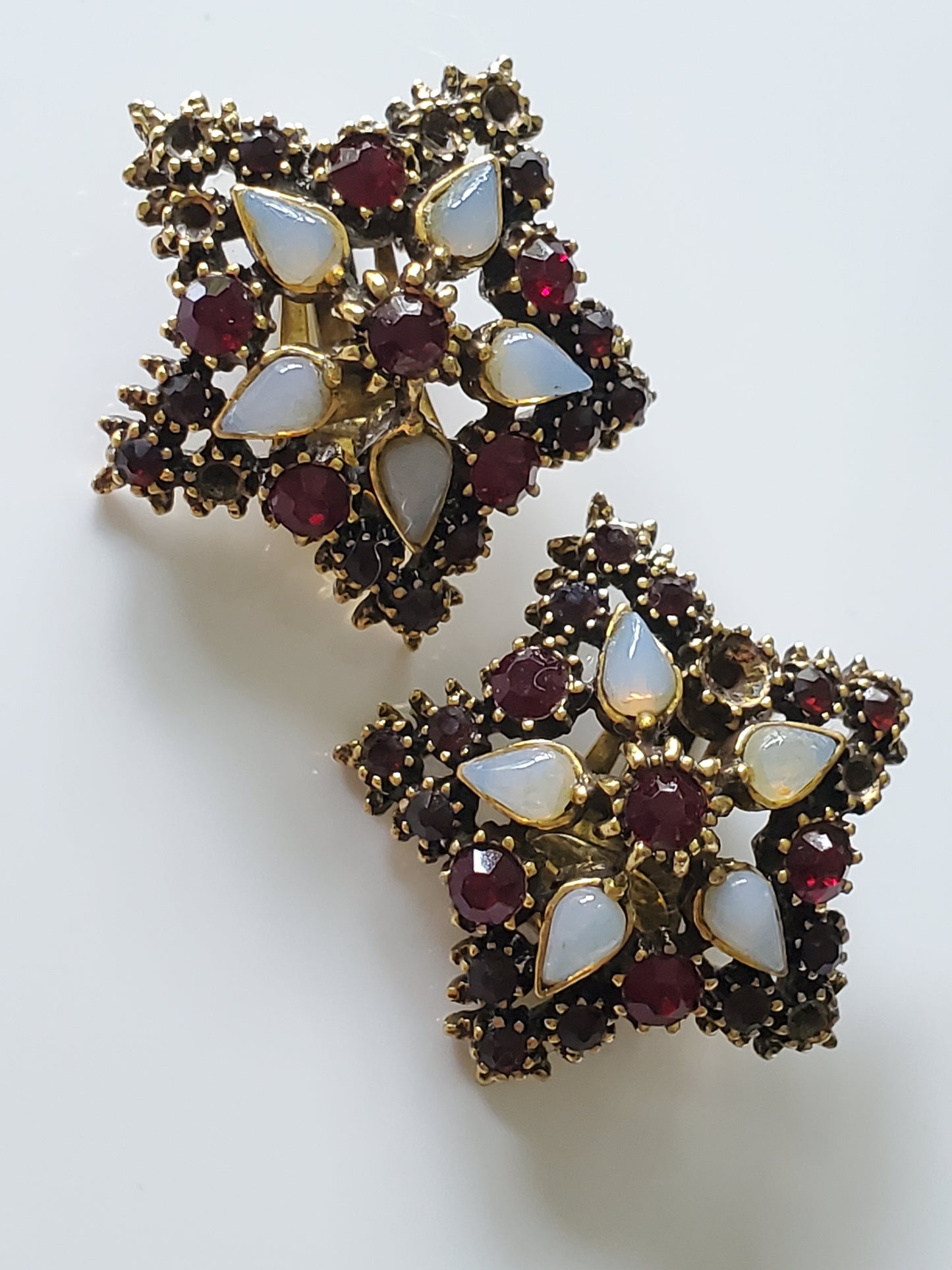 Vintage Large Red Rhinestone and Faux Opal Star Brooch and Earring Set