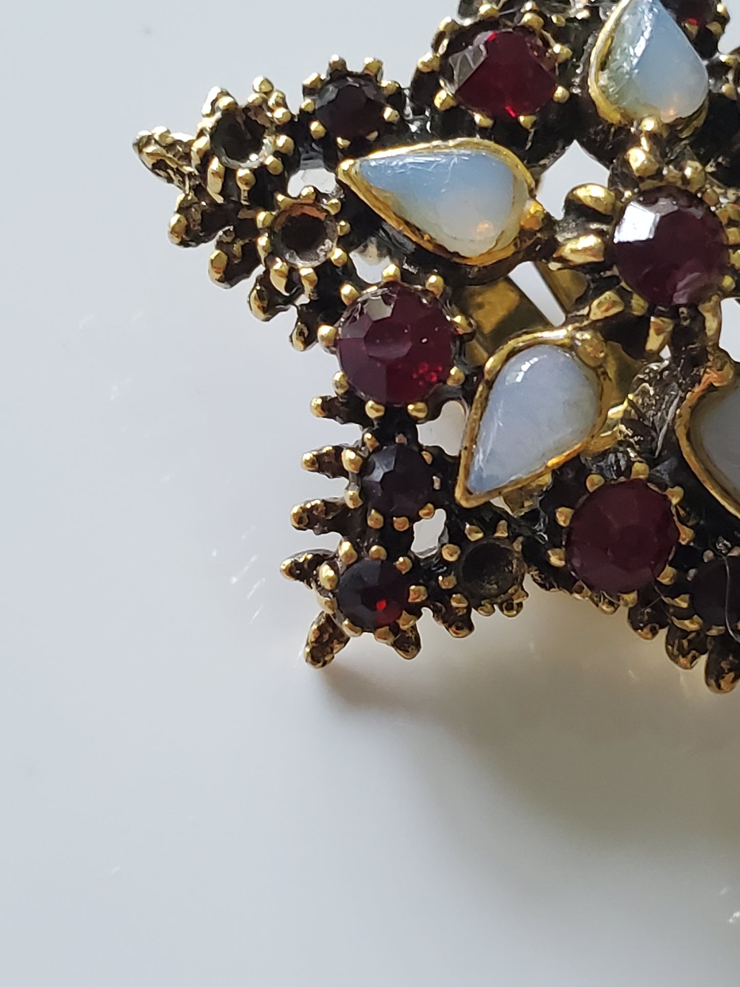 Vintage Large Red Rhinestone and Faux Opal Star Brooch and Earring Set
