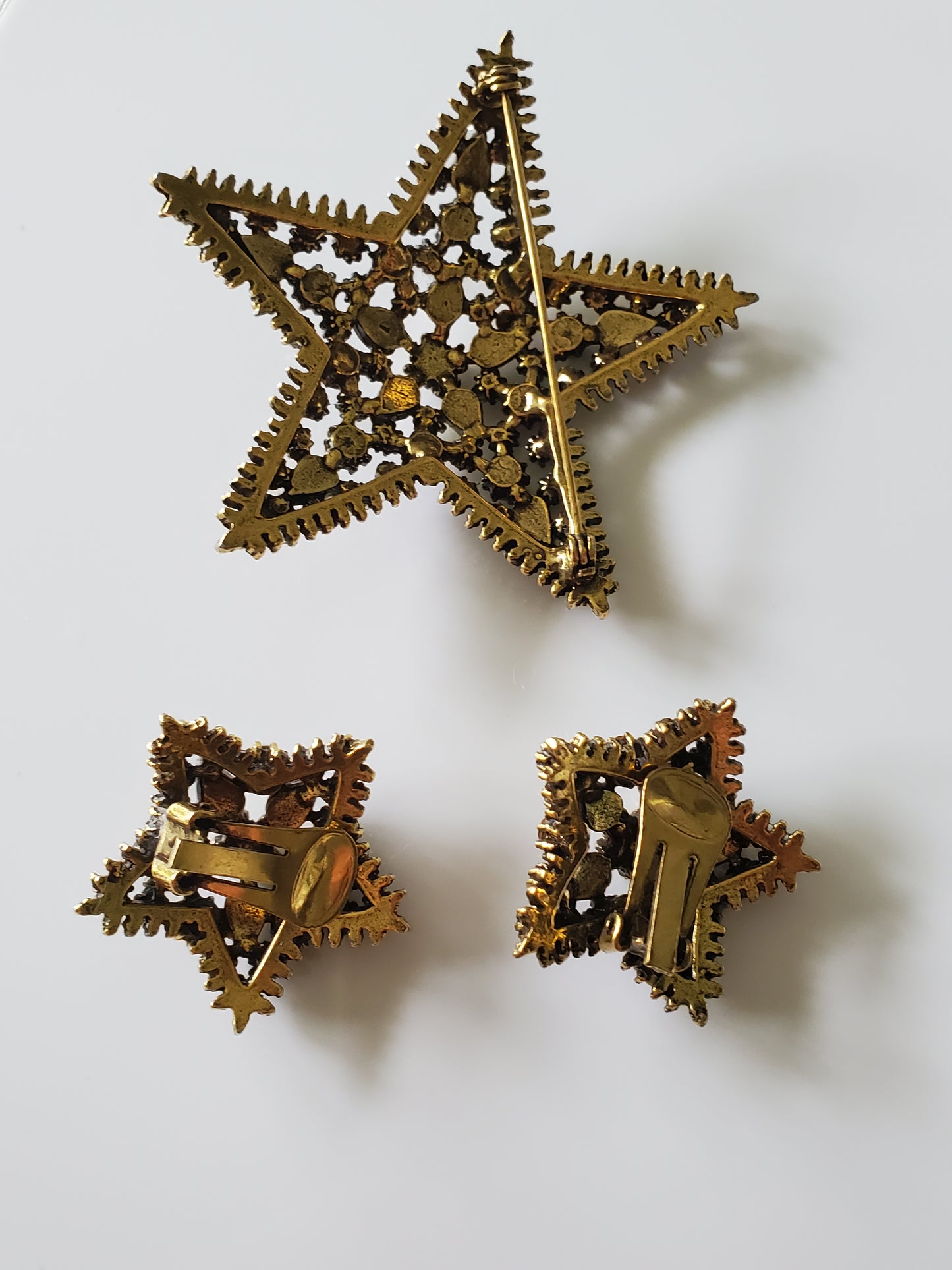 Vintage Large Red Rhinestone and Faux Opal Star Brooch and Earring Set