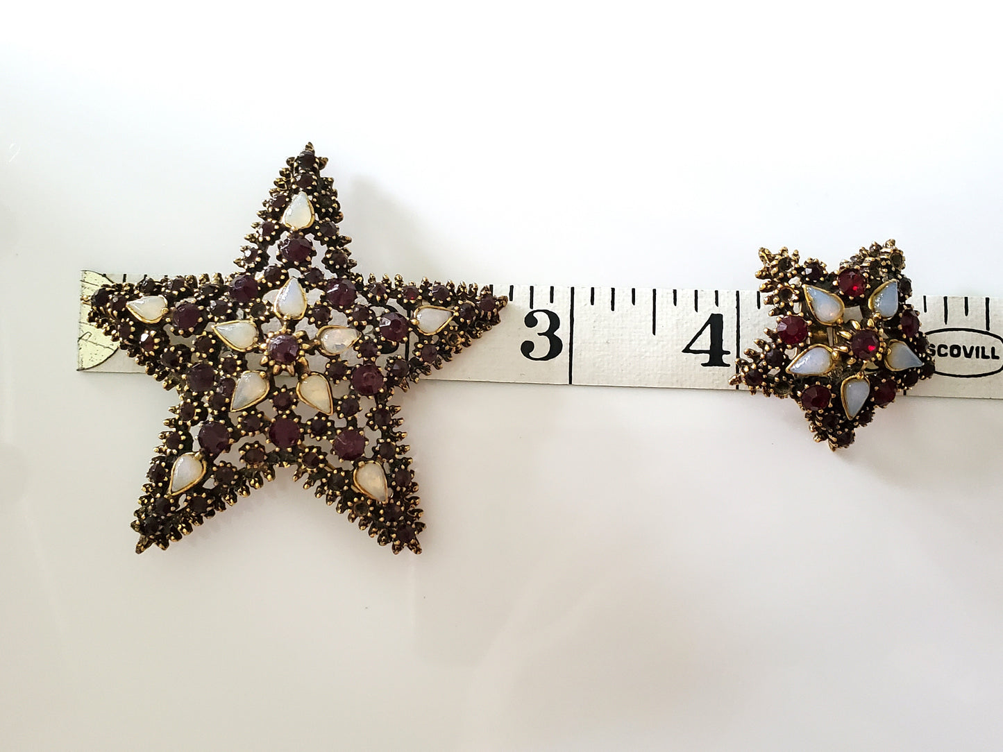 Vintage Large Red Rhinestone and Faux Opal Star Brooch and Earring Set