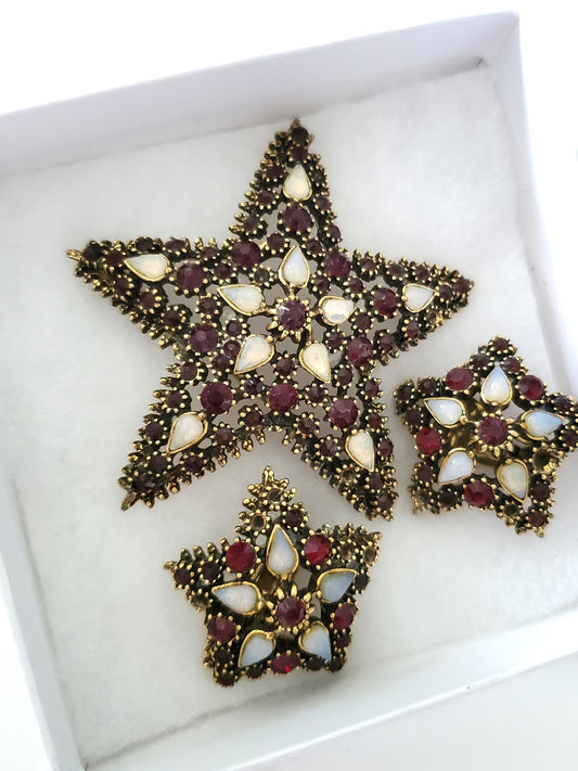 Vintage Large Red Rhinestone and Faux Opal Star Brooch and Earring Set