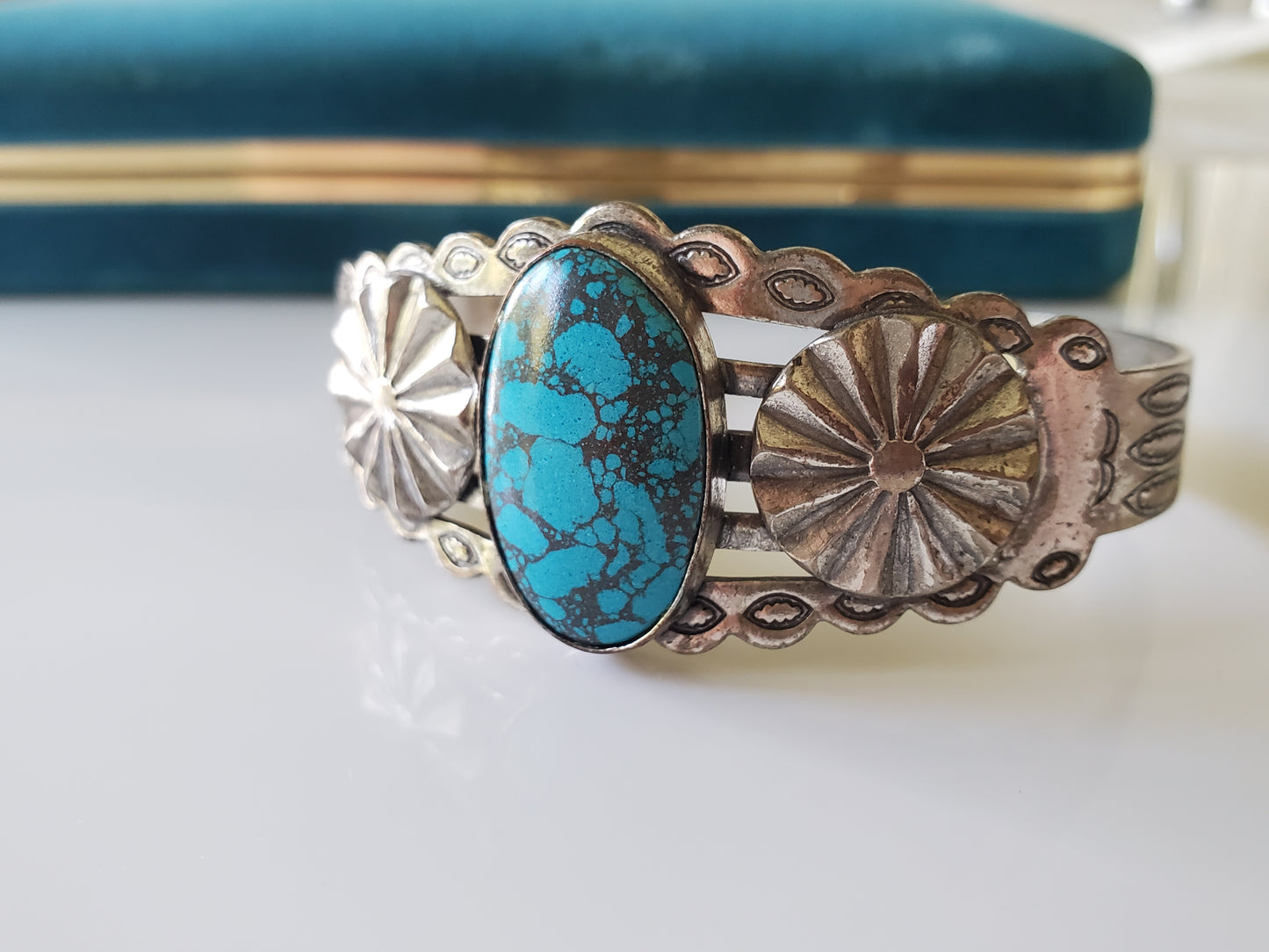 Vintage Faux Turquoise Silver Plate Cuff Bracelet