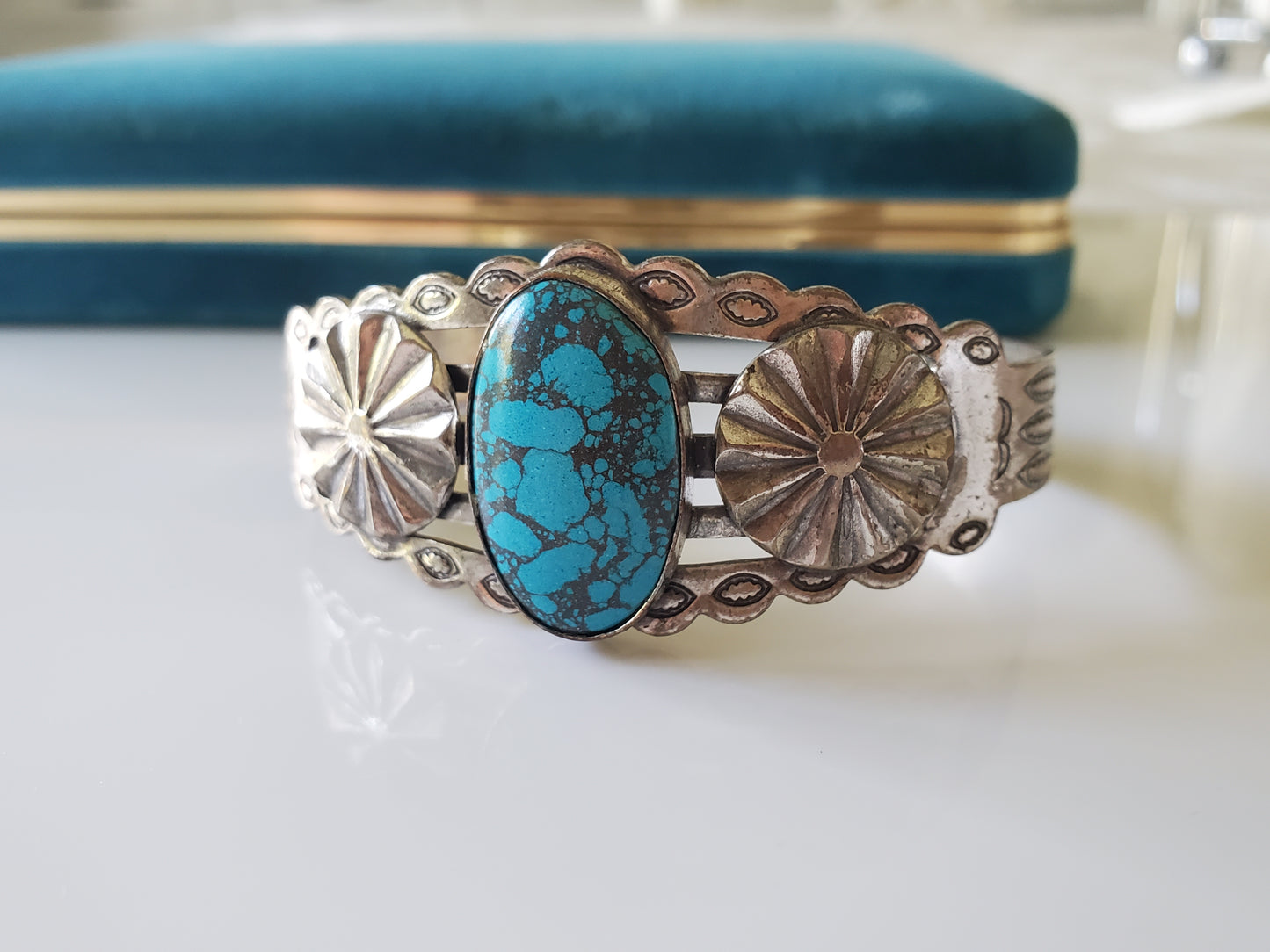 Vintage Faux Turquoise Silver Plate Cuff Bracelet