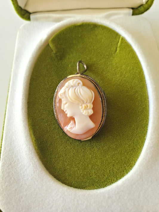 Vintage 1930s Hand Carved Shell Victorian Lady 800 Silver Pendant and Earring Set