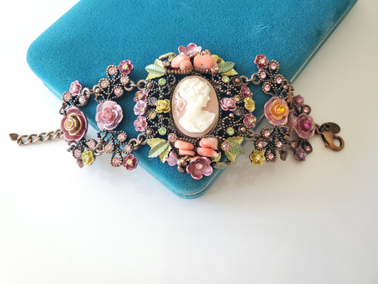 Victorian Cameo & Floral Chain Bracelet with Glass Stone & Rhinestone Accents