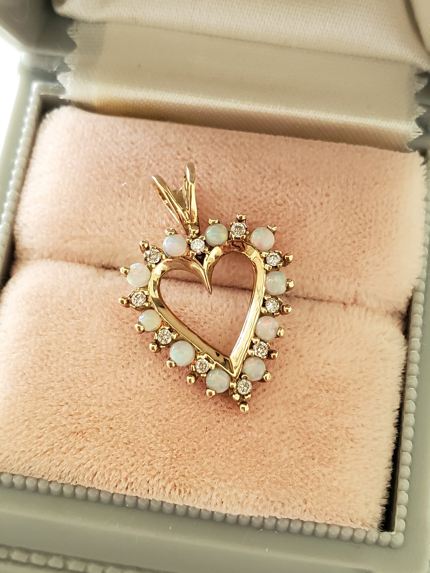 10K Gold - Vintage Opal and Diamond Heart Pendant