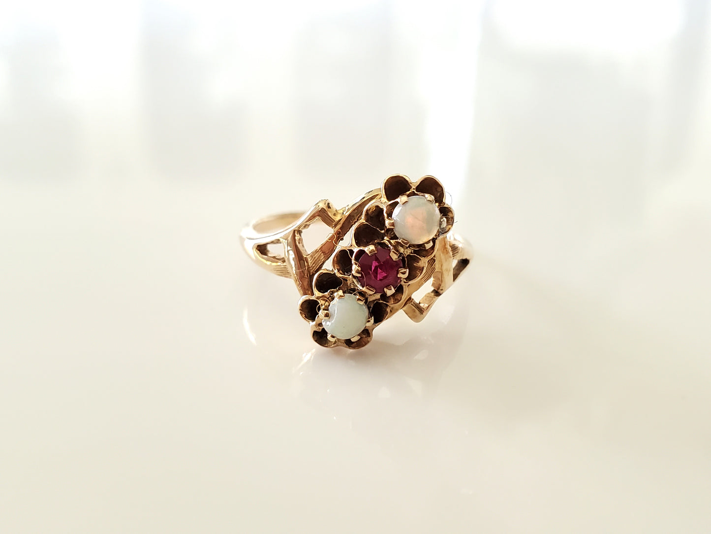 Antique 10K Ruby and Opal Bypass Ring