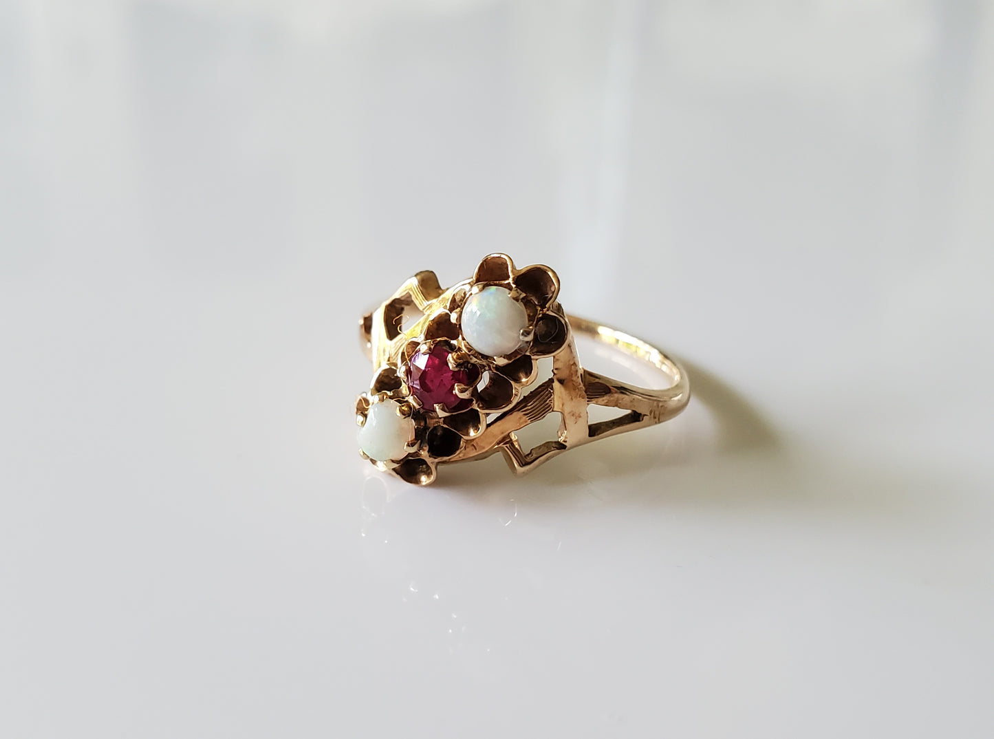 Antique 10K Ruby and Opal Bypass Ring