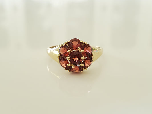 14K Gold - Vintage Floral Cluster Garnet Dome Ring