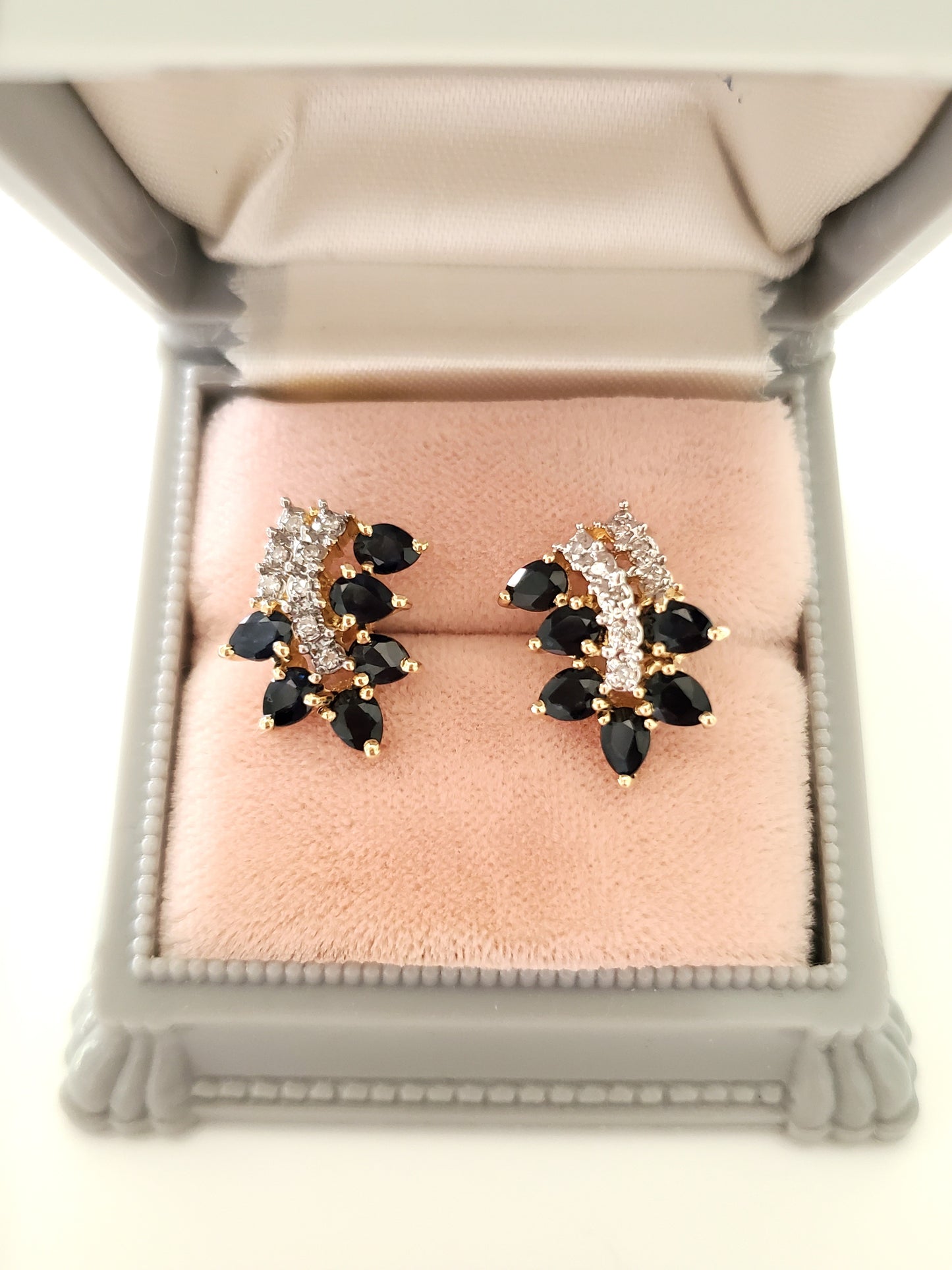 14K Gold 1980s Diamonds and Sapphire Cluster Stud Earrings